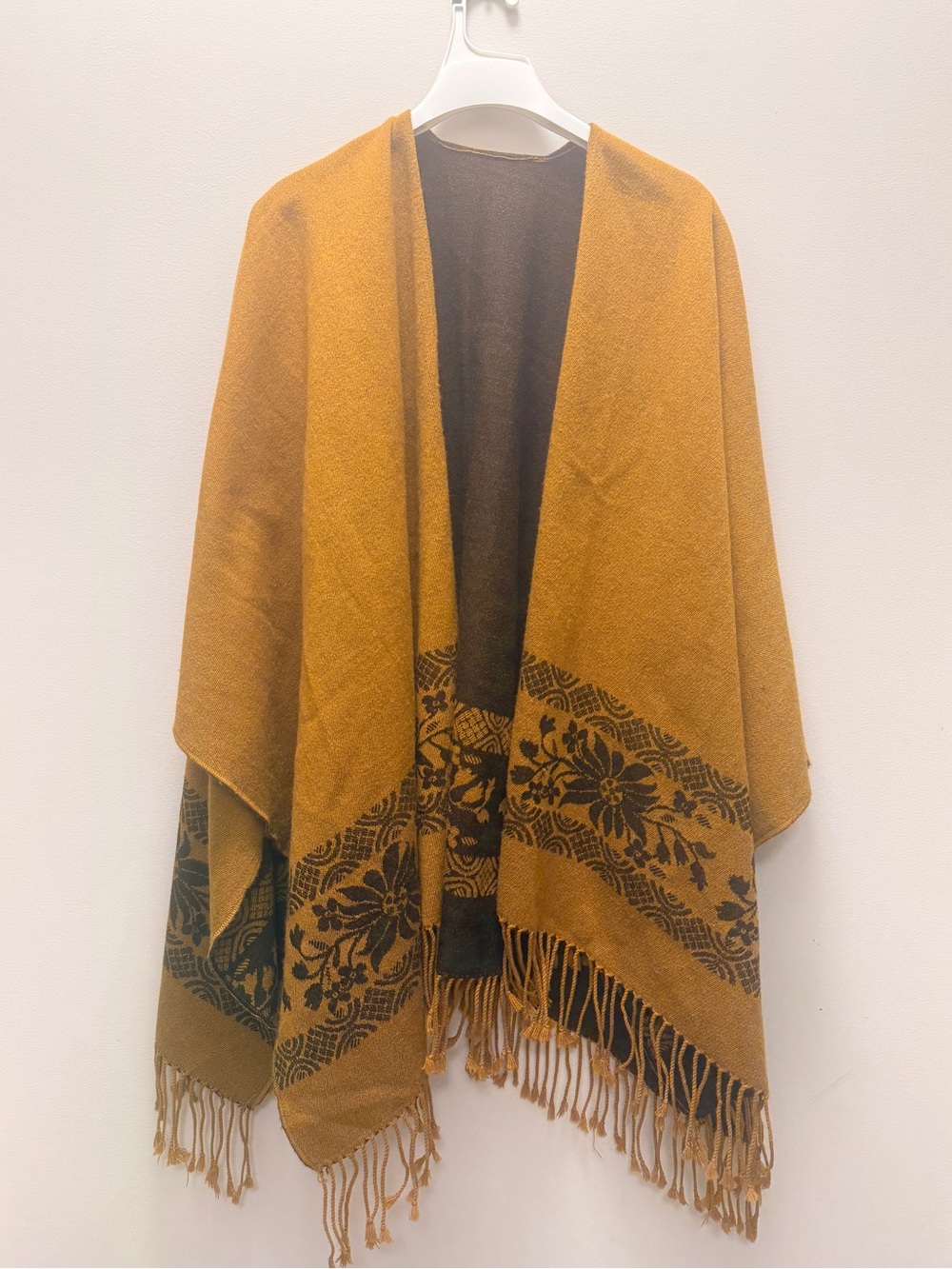 Hand made wool Mustard Floral Fringe Shawl Wrap - Samitex